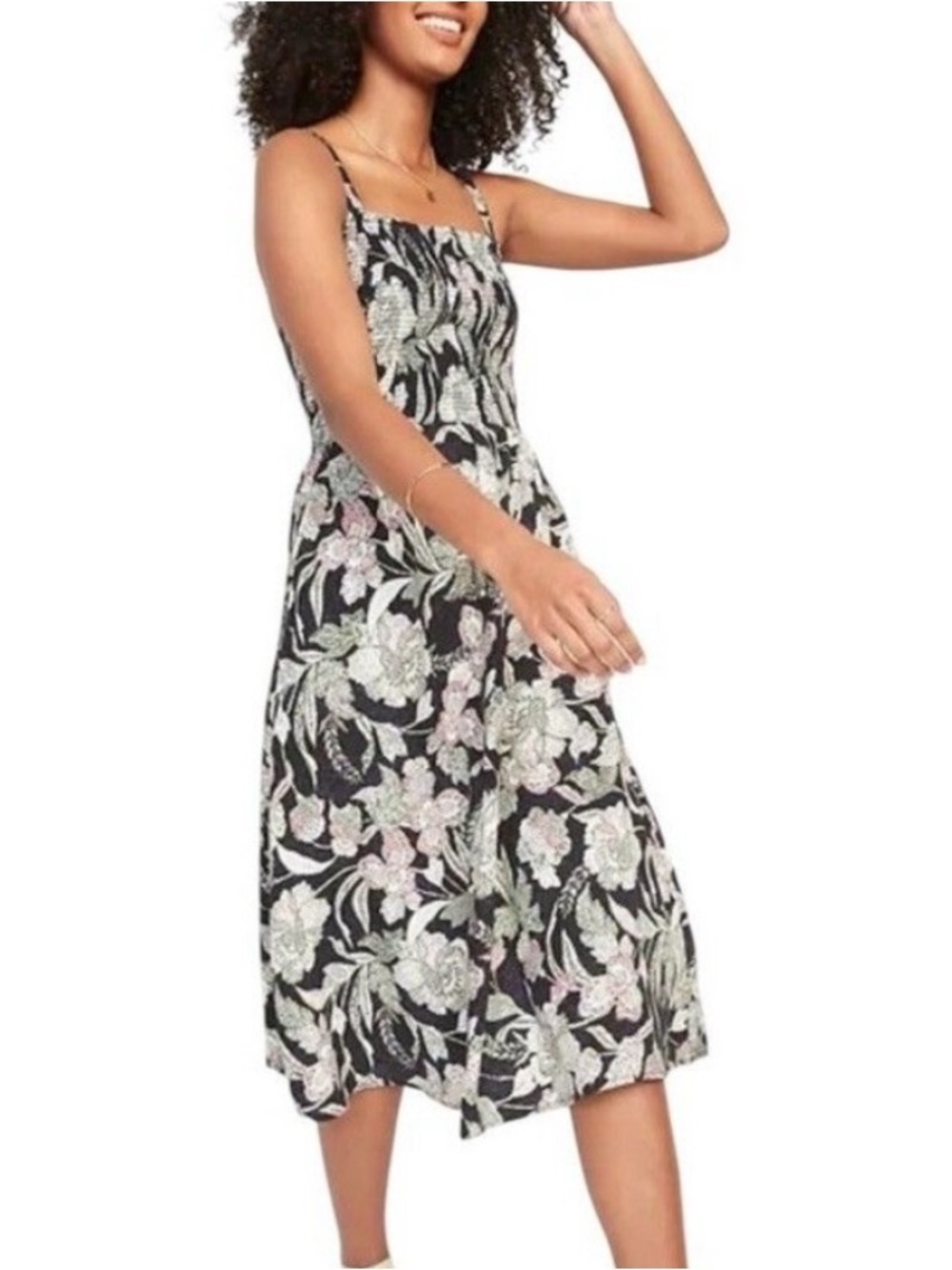 Old Navy Smocked Fit & Flare Cami Midi Dress Size MED Black Green Floral